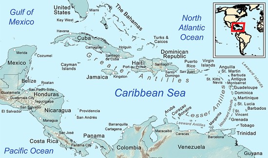 Map of the Caribbean Islands and surrounding mainland areas